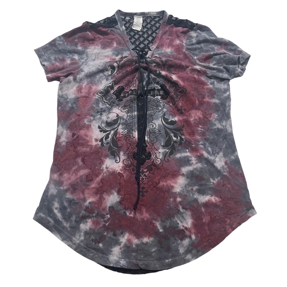 Affliction Graphic Tee Womens L Burgundy Excellent Lace Up Back Rhinestone Y2K